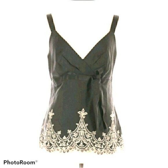 Loft Satin Surplice Empire Tie Back Scalloped Lace Scroll Cami Top Black Sz 12 - Picture 10 of 10